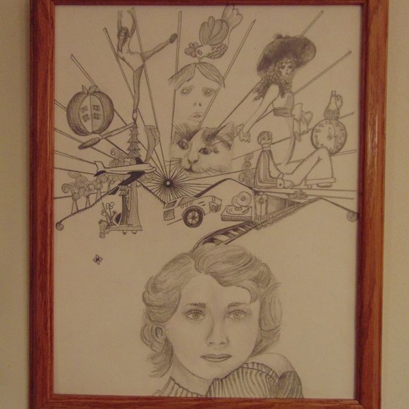 Girl Daydreaming, Original Pencil Sketch, Wood Frame, 12.5x15.5 - Picture 1 of 7